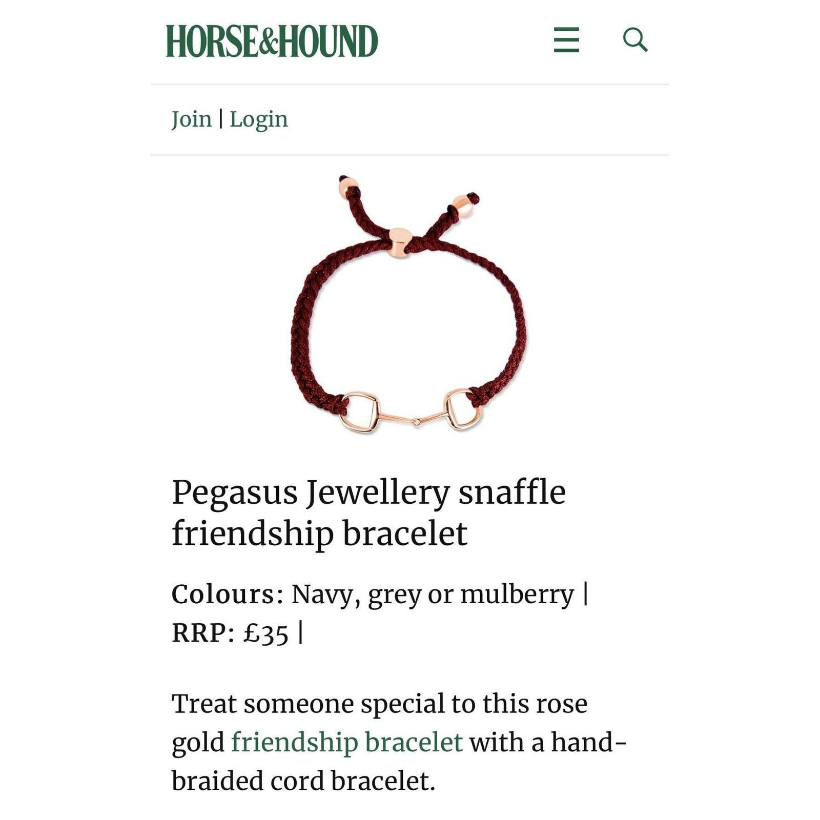 PEGASUS JEWELLERY Bracelet Rose Gold Mulberry Snaffle Friendship Bracelet.