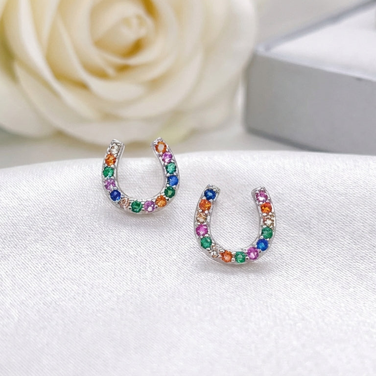 Colorful horseshoe-shaped earrings on a white surface with a rose in the background