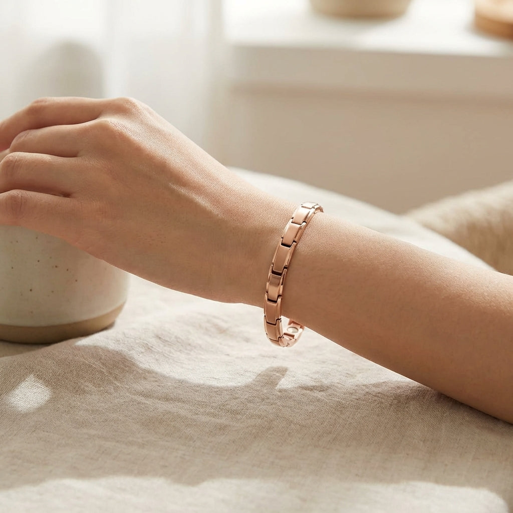 Rose gold bracelet on a wrist with a blurred background