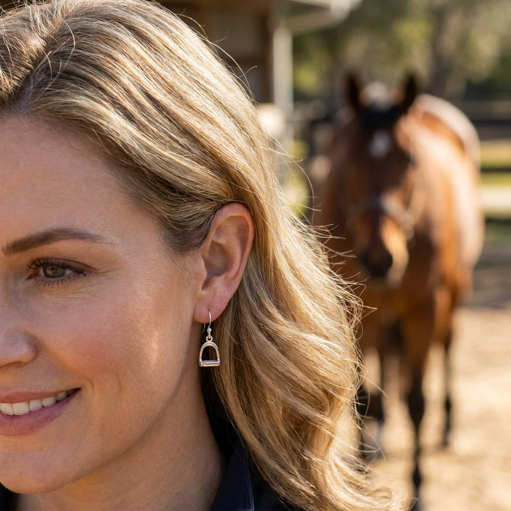 Woman with blonde hair and equestrian earrings, with a horse in the background.
