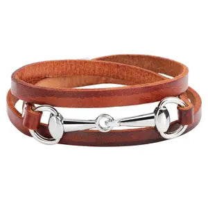 Leather Wrap Snaffle Bracelet- Silver & Brown