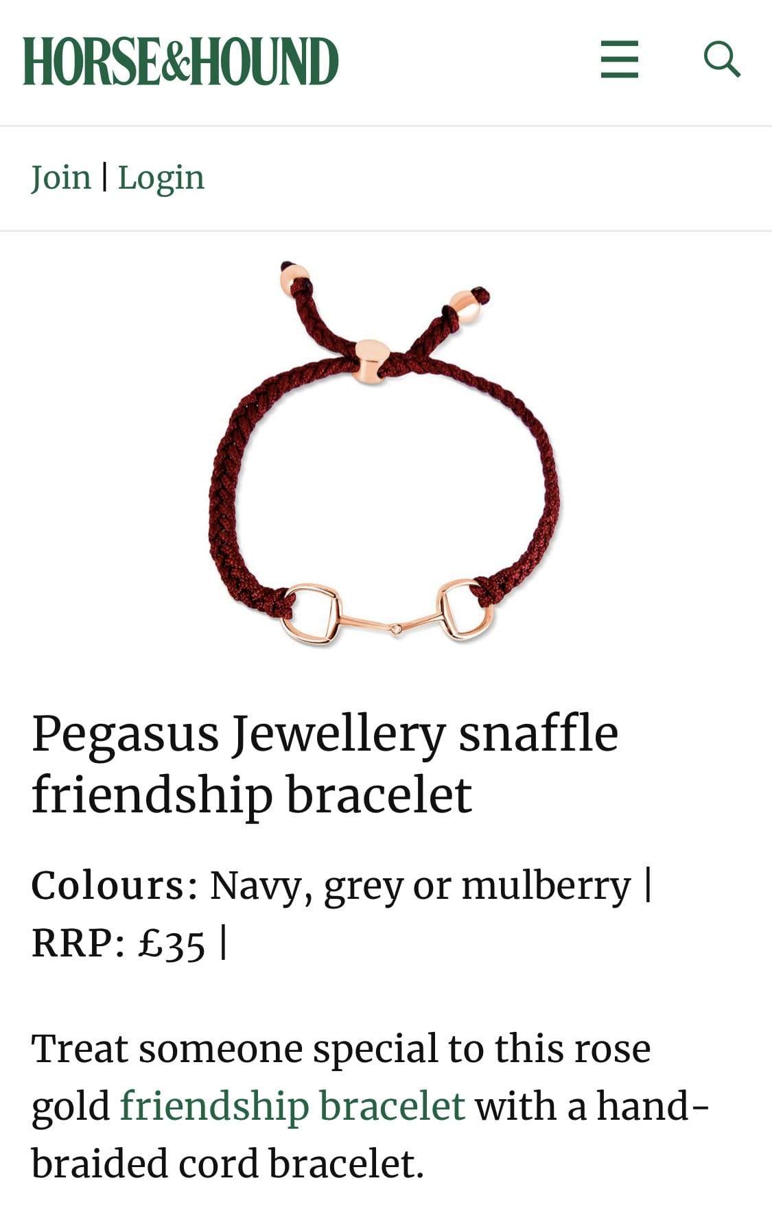 PEGASUS JEWELLERY Bracelet Rose Gold Mulberry Snaffle Friendship Bracelet.